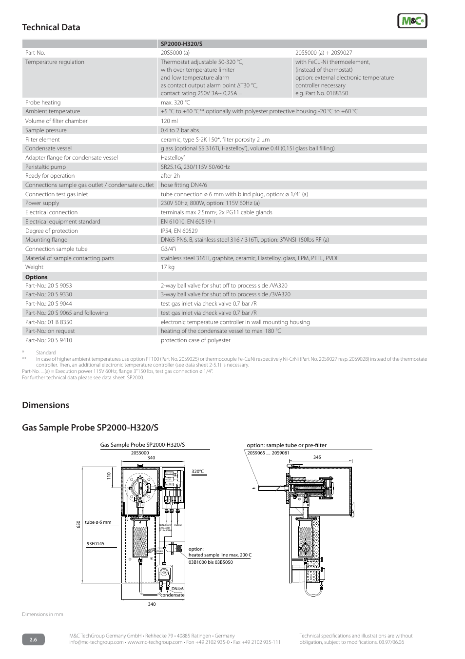 Technical data | M&C TechGroup SP2000-H320_S Data sheet User Manual | Page 2 / 2