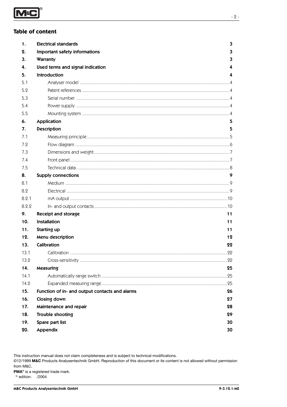 Table of content | M&C TechGroup PMA 100-L Operator's manual User Manual | Page 2 / 30