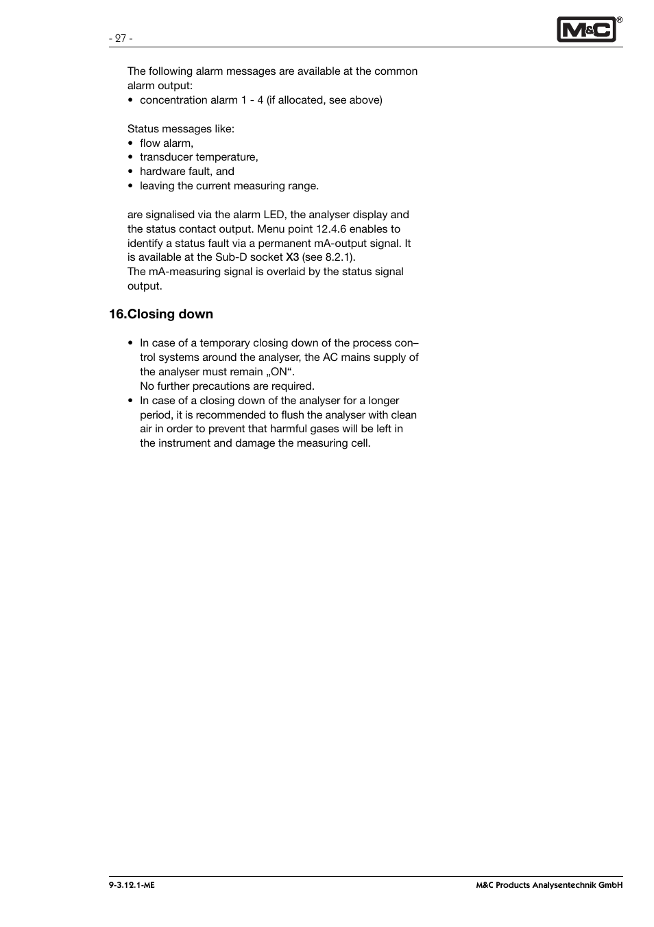Closing down | M&C TechGroup PMA 100-L Operator's manual User Manual | Page 27 / 30