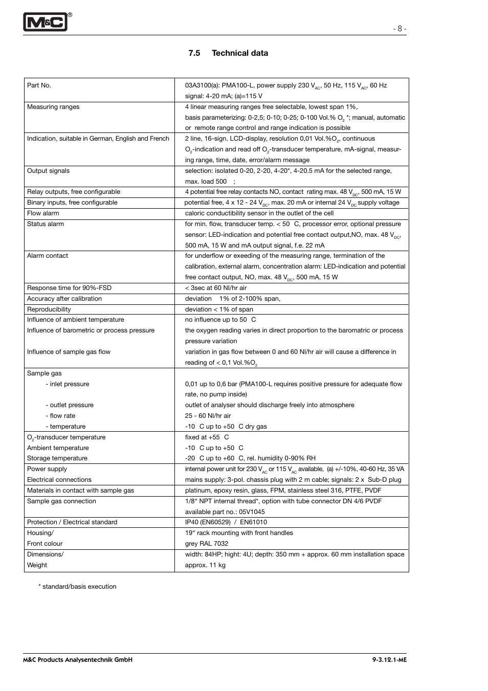 5 technical data | M&C TechGroup PMA 100-L Operator's manual User Manual | Page 8 / 30