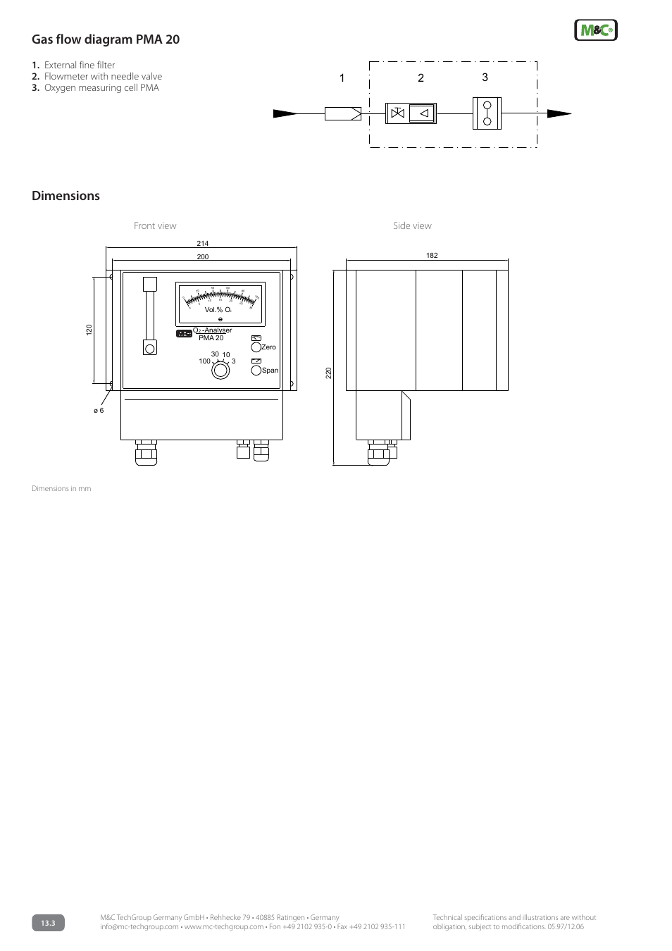 Gas flow diagram pma 20, Dimensions, Front view side view | M&C TechGroup PMA 20 Data sheet User Manual | Page 2 / 3