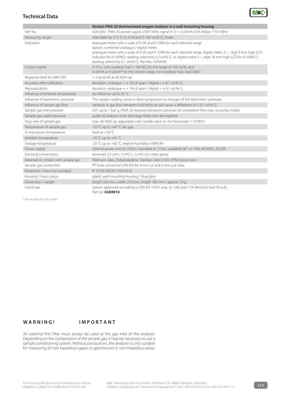 Technical data | M&C TechGroup PMA 20 Data sheet User Manual | Page 3 / 3
