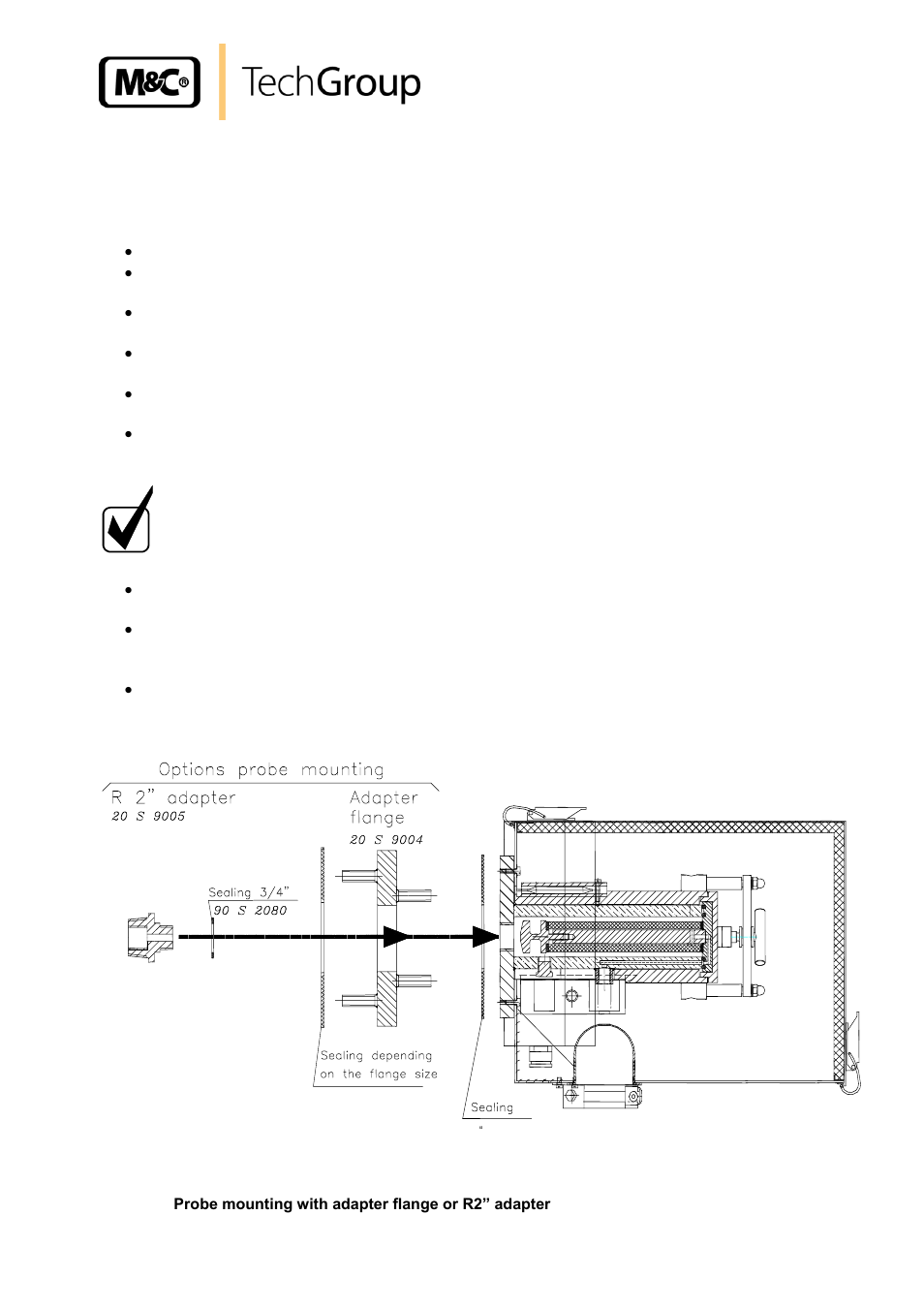 Mounting, Figure 1, Probe mounting with adapter flange or r2” adapter | M&C TechGroup SP2020-H_C_I_BB_F Operator's manual User Manual | Page 13 / 29