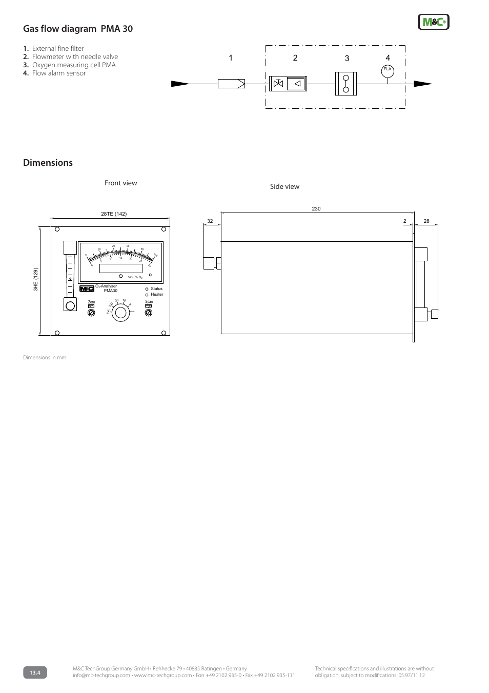Gasflowdiagrampma30, Dimensions, Front view side view | M&C TechGroup PMA 30A_D Data sheet User Manual | Page 2 / 3