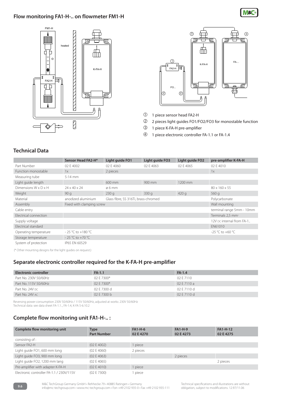 Flow monitoring fa1-h-.. on flowmeter fm1-h, Technical data | M&C TechGroup FA1-H-.. Data sheet User Manual | Page 2 / 2