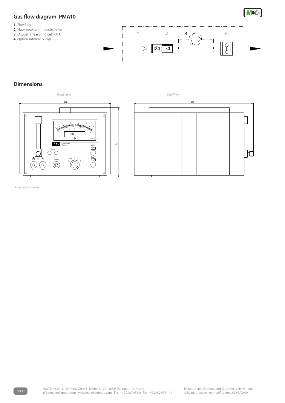 Gas flow diagram pma10, Dimensions, Dimensions in mm front view side view | M&C TechGroup PMA 10 Data sheet User Manual | Page 2 / 3