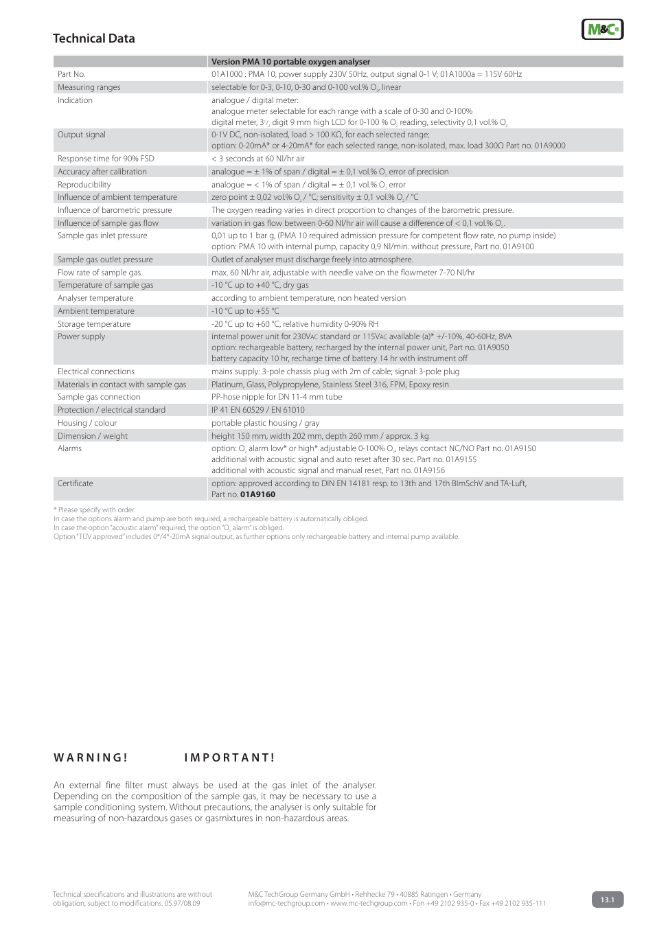 Technical data | M&C TechGroup PMA 10 Data sheet User Manual | Page 3 / 3