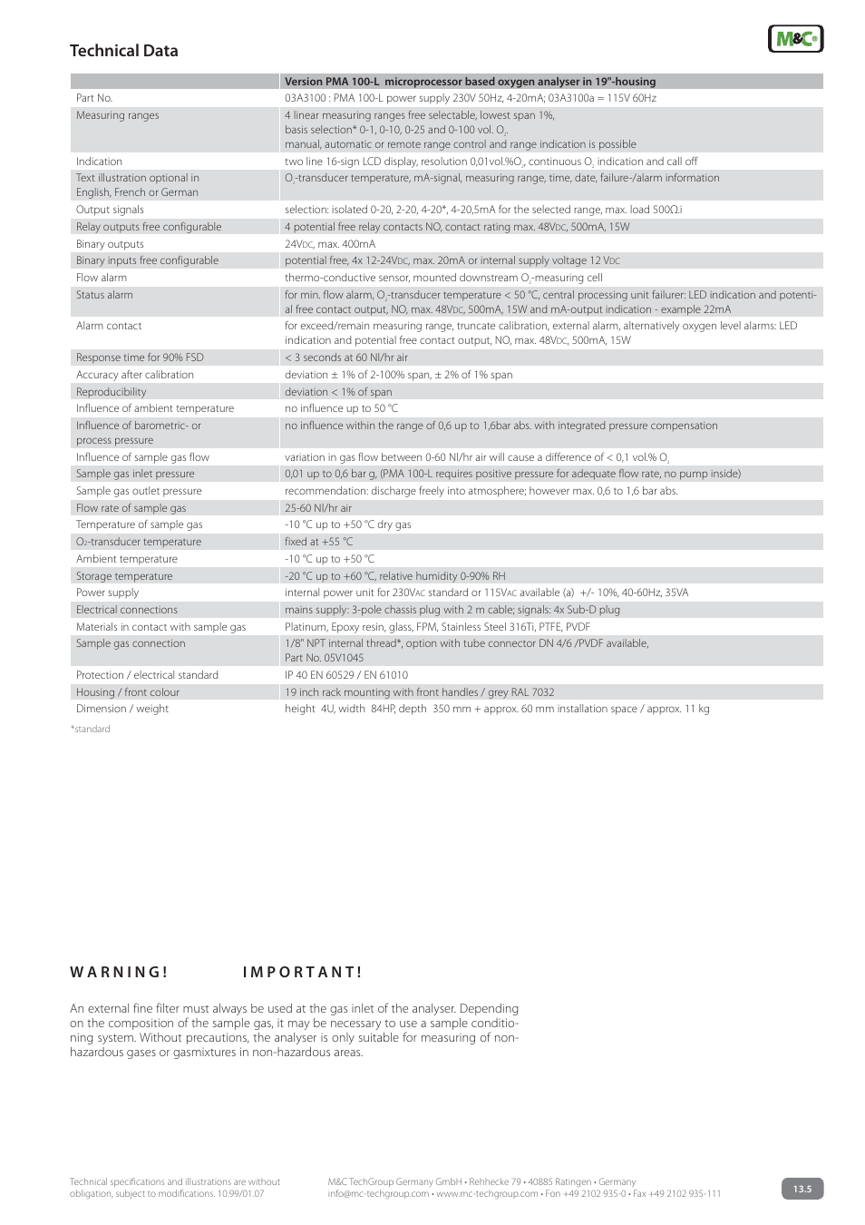 Technical data | M&C TechGroup PMA 100-L Data sheet User Manual | Page 3 / 3