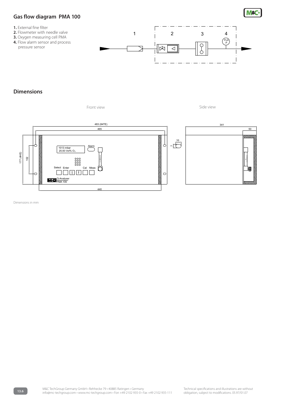 Gas flow diagram pma 100, Dimensions, Front view side view | M&C TechGroup PMA 100 Data sheet User Manual | Page 2 / 3