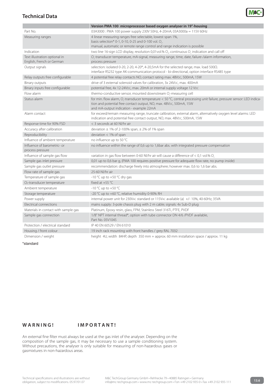 Technical data | M&C TechGroup PMA 100 Data sheet User Manual | Page 3 / 3