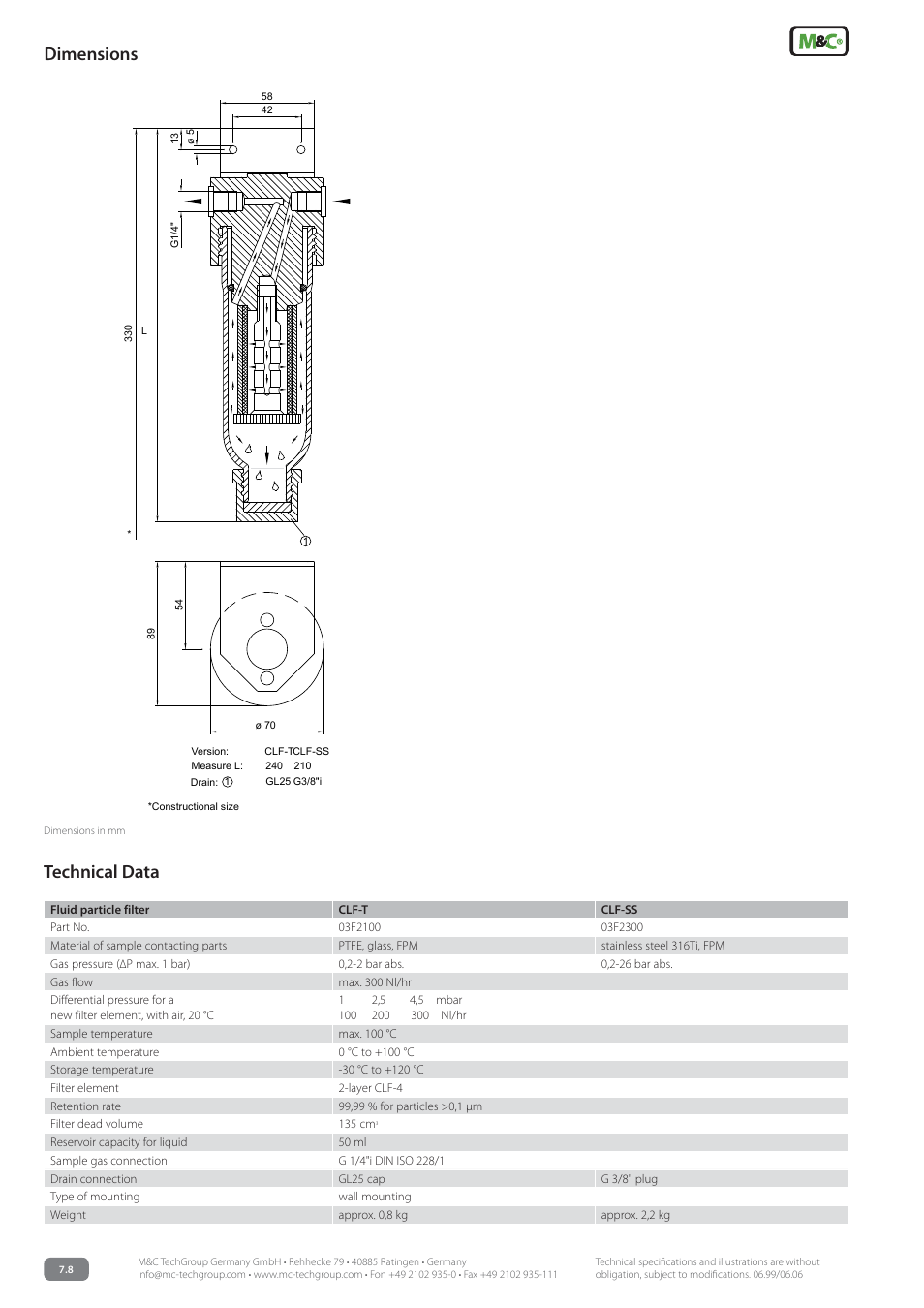 Dimensions, Technical data | M&C TechGroup CLF-SS Operator's manual User Manual | Page 2 / 3