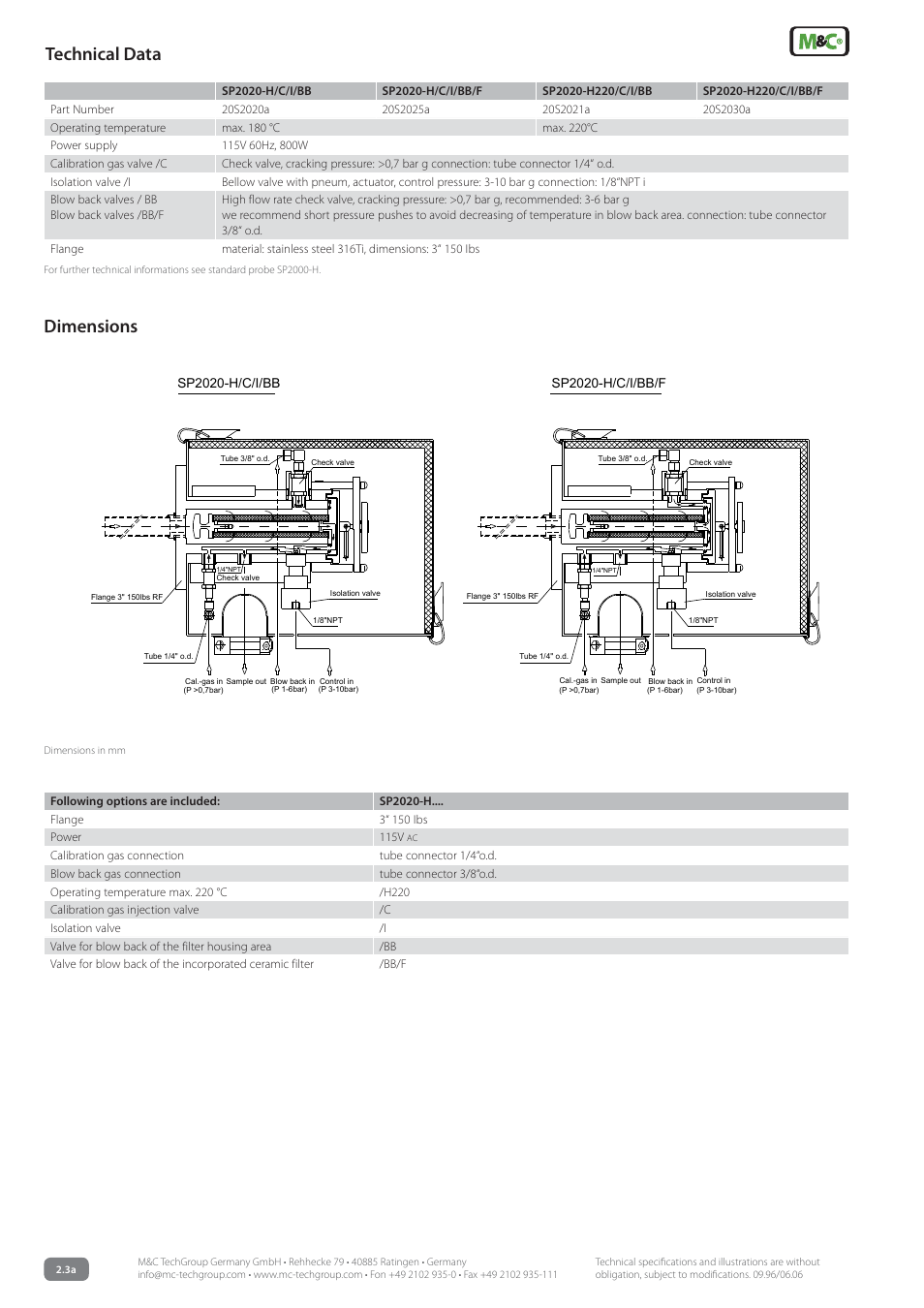 Dimensions, Technical data | M&C TechGroup SP2020-H(220)_C_I_BB_F Data sheet User Manual | Page 2 / 2