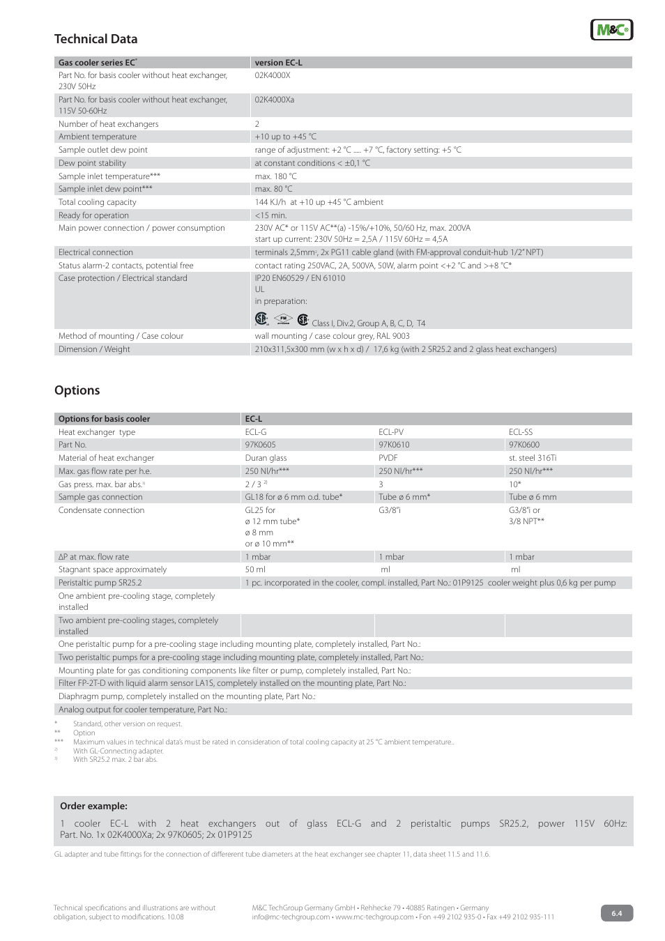 Technical data, Options | M&C TechGroup EC-L Data sheet User Manual | Page 3 / 3