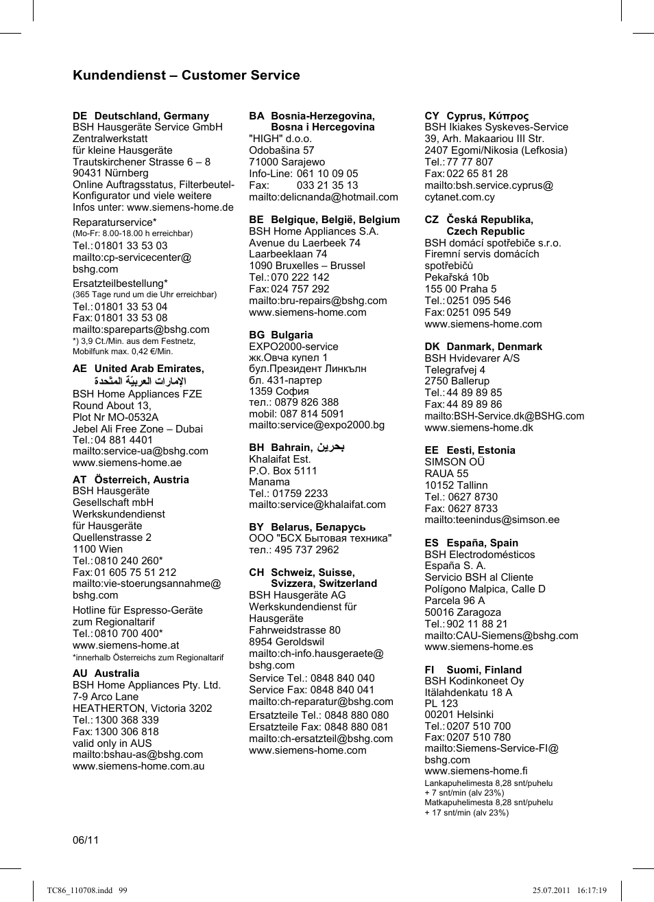 Kundendienst – customer service | Siemens TC 86387 User Manual | Page 103 / 108