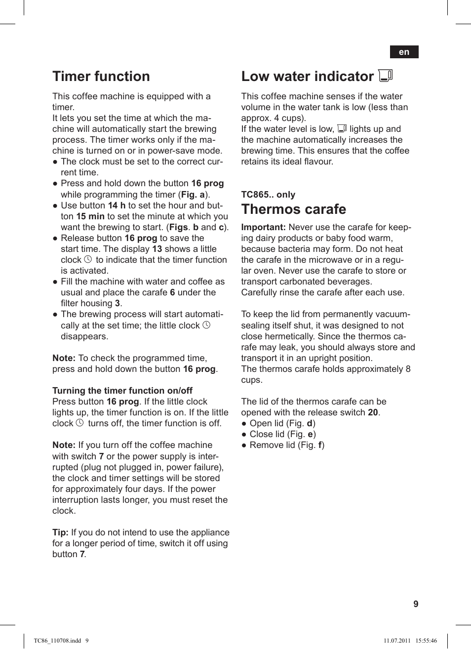 Low water indicator j, Thermos carafe, Timer function | Siemens TC 86387 User Manual | Page 13 / 108