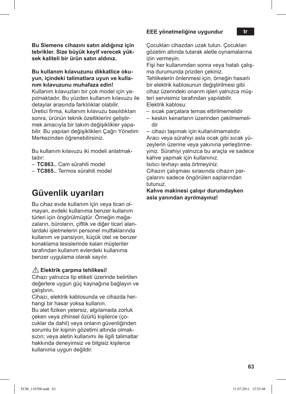 Güvenlik uyarıları | Siemens TC 86387 User Manual | Page 67 / 108