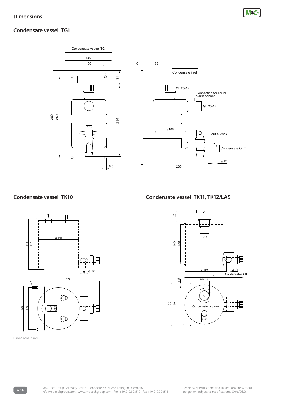 Dimensions condensate vessel tg1 | M&C TechGroup TK13 Data sheet User Manual | Page 2 / 3