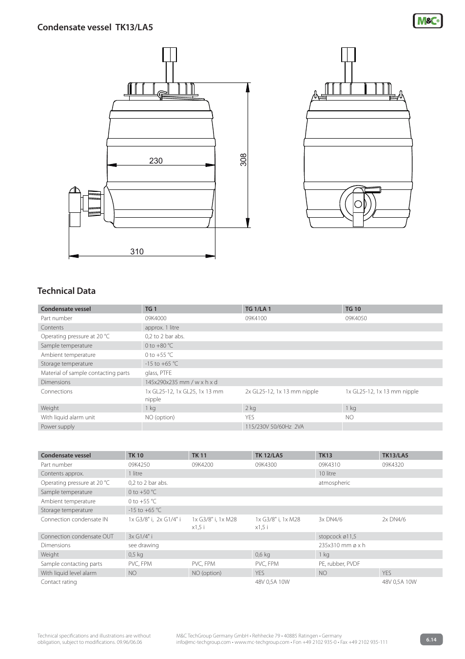 Technical data, Condensate vessel tk13/la5 | M&C TechGroup TK13 Data sheet User Manual | Page 3 / 3