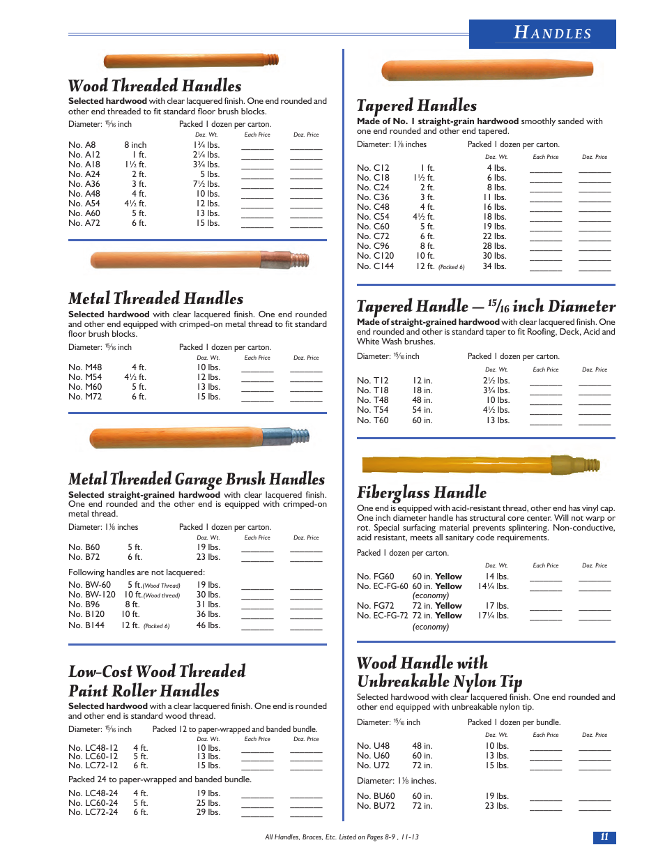 Tapered handles, Tapered handle, Inch diameter | Fiberglass handle, Wood handle with unbreakable nylon tip, Wood threaded handles, Metal threaded handles, Metal threaded garage brush handles, Low-cost wood threaded paint roller handles | Magnolia Brush Catalog User Manual | Page 11 / 56