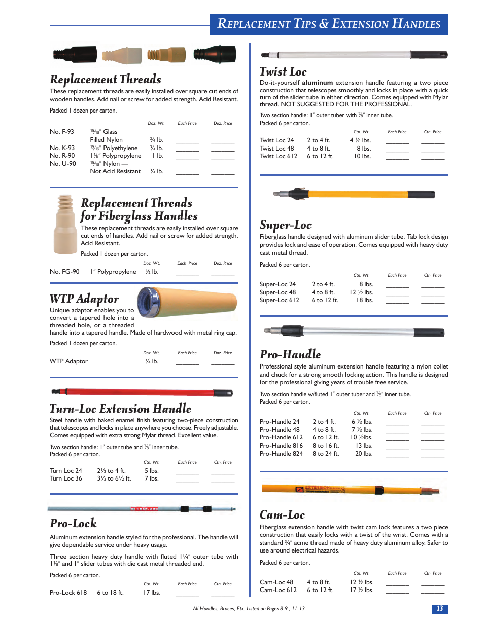 Twist loc, Super-loc, Pro-handle | Cam-loc, Replacement threads, Replacement threads for fiberglass handles, Wtp adaptor, Turn-loc extension handle, Pro-lock, Eplacement | Magnolia Brush Catalog User Manual | Page 13 / 56