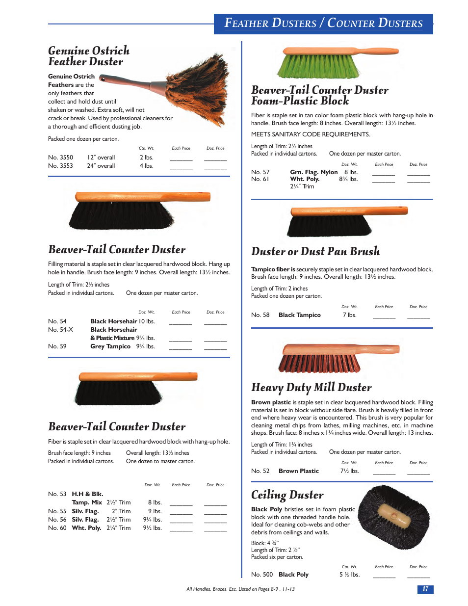 Genuine ostrich feather duster, Beaver-tail counter duster, Beaver-tail counter duster foam-plastic block | Duster or dust pan brush, Heavy duty mill duster, Ceiling duster, Eather, Usters, Ounter | Magnolia Brush Catalog User Manual | Page 17 / 56