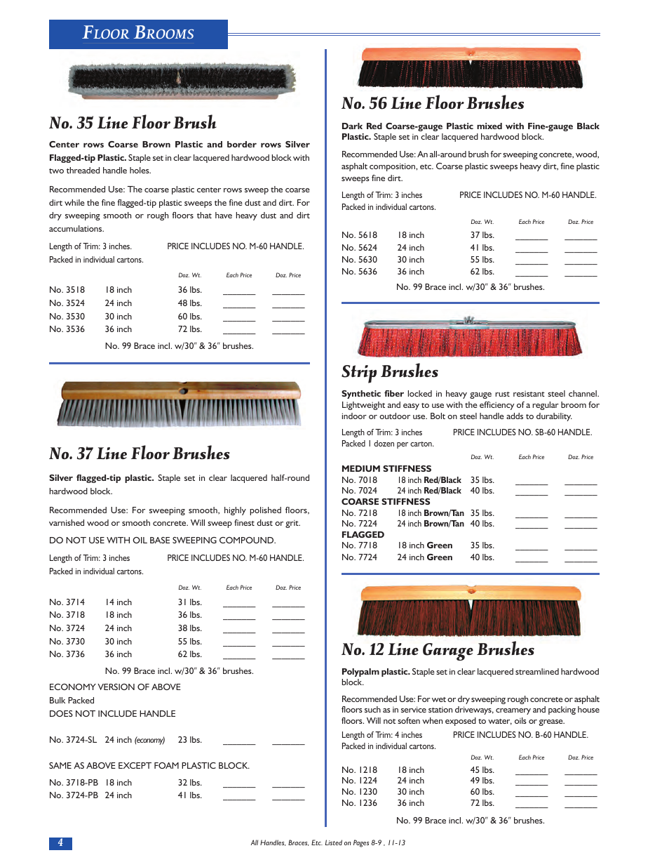 No. 56 line floor brushes, Strip brushes, No. 12 line garage brushes | No. 35 line floor brush, No. 37 line floor brushes, Loor, Rooms | Magnolia Brush Catalog User Manual | Page 4 / 56