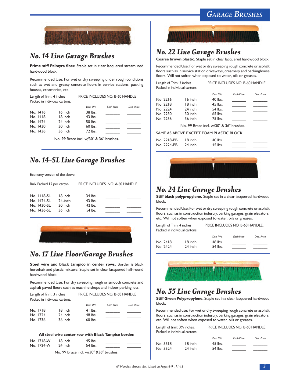 No. 22 line garage brushes, No. 24 line garage brushes, No. 55 line garage brushes | No. 14 line garage brushes, No. 14-sl line garage brushes, No. 17 line floor/garage brushes, Arage, Rushes | Magnolia Brush Catalog User Manual | Page 5 / 56