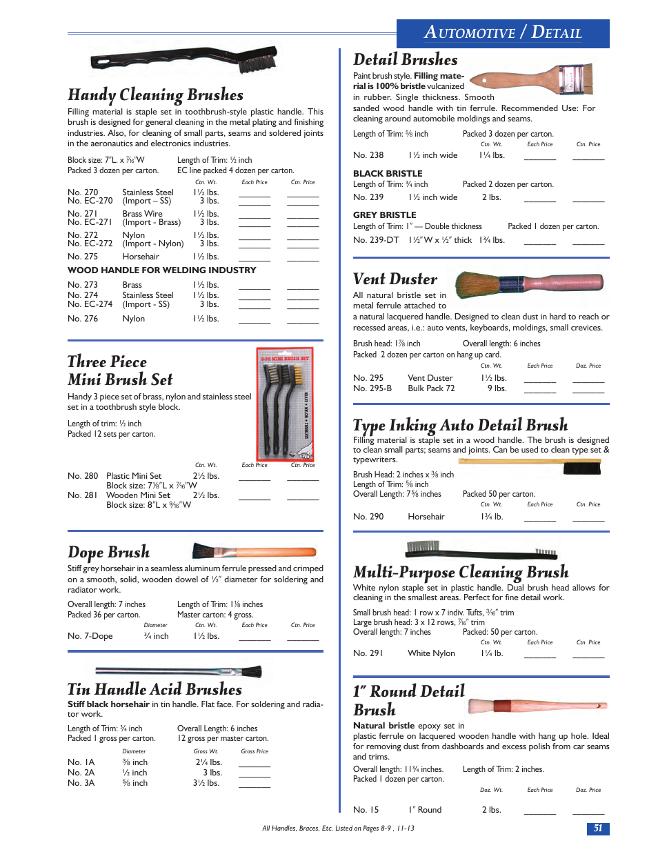 Detail brushes, Vent duster, Type inking auto detail brush | Multi-purpose cleaning brush, 1” round detail brush, Handy cleaning brushes, Three piece mini brush set, Dope brush, Tin handle acid brushes, Utomotive | Magnolia Brush Catalog User Manual | Page 51 / 56