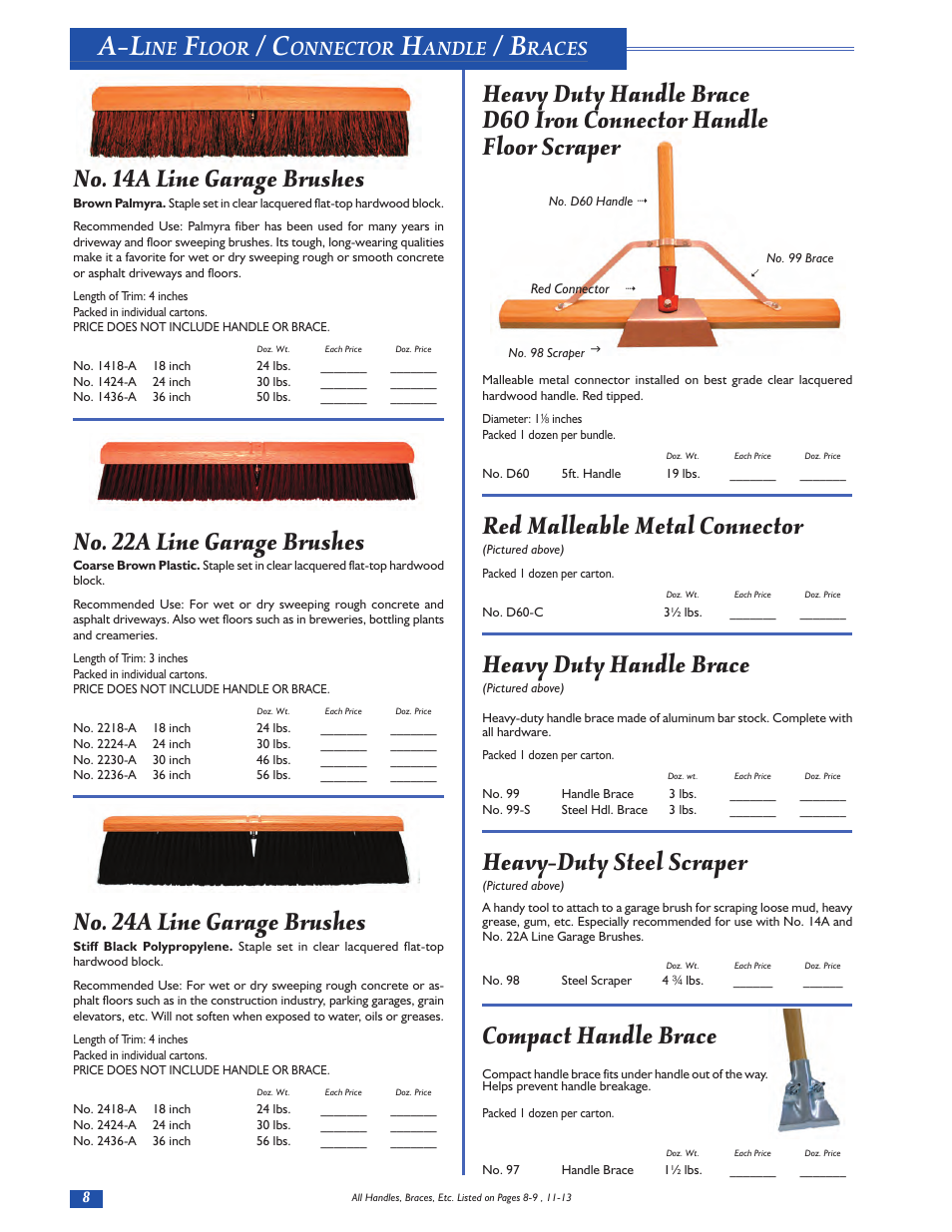 Red malleable metal connector, Heavy duty handle brace, Heavy-duty steel scraper | Compact handle brace, No. 14a line garage brushes, No. 22a line garage brushes, No. 24a line garage brushes, Loor, Onnector, Andle | Magnolia Brush Catalog User Manual | Page 8 / 56
