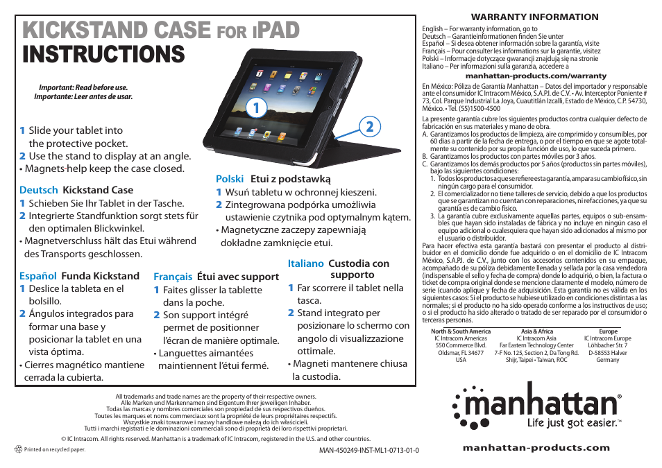 Manhattan 450249 Kickstand Case for the iPad - Quick Install (Multi) User Manual | 1 page