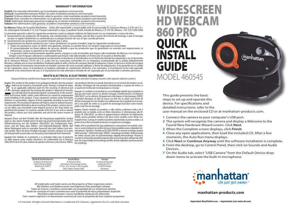 Manhattan 460545 Widescreen HD Webcam 860 Pro - Quick Install (Multi) User Manual | 2 pages