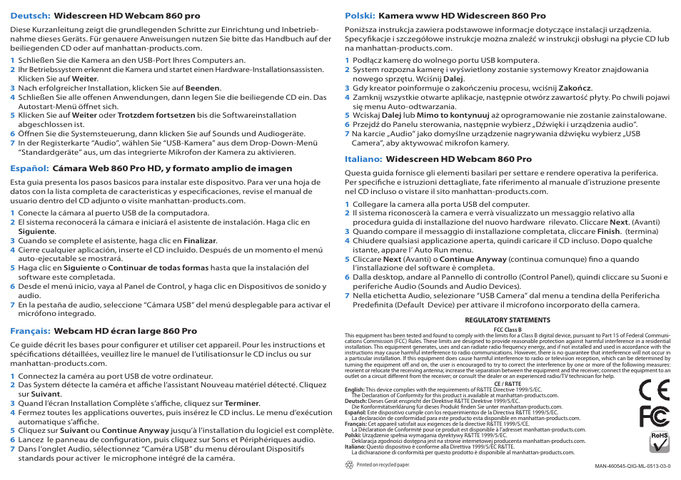Manhattan 460545 Widescreen HD Webcam 860 Pro - Quick Install (Multi) User Manual | Page 2 / 2