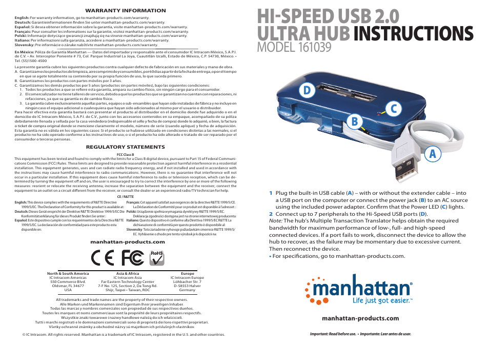 Manhattan 161039 Hi-Speed USB 2.0 Ultra Hub - Quick Install (Multi) User Manual | 2 pages