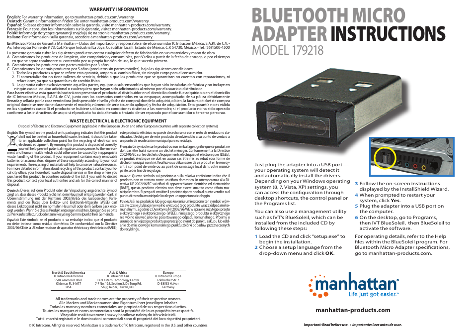 Manhattan 179218 Bluetooth Micro Adapter - Quick Install (Multi) User Manual | 2 pages