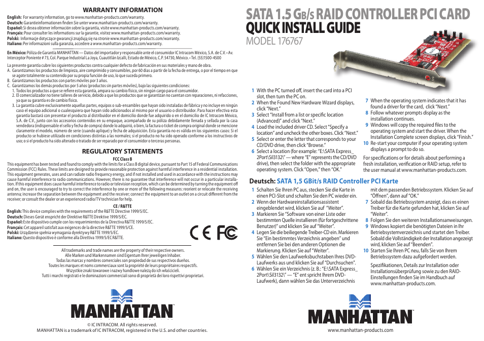 Manhattan 176767 SATA 1.5 Gb_s RAID Controller PCI Card - Quick Install (Multi) User Manual | 2 pages