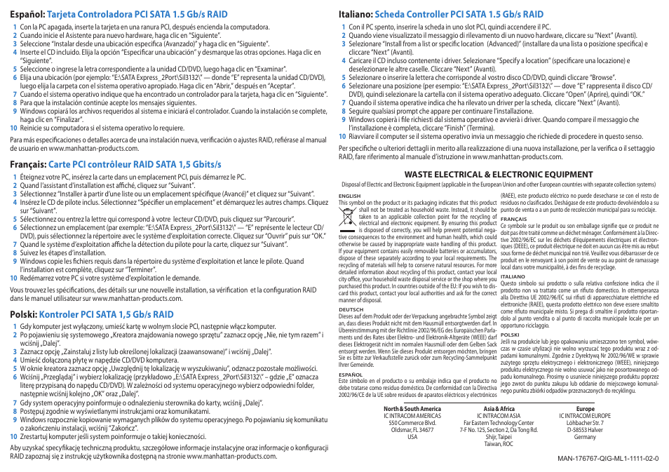 Polski: kontroler pci sata 1,5 gb/s raid, Italiano: scheda controller pci sata 1.5 gb/s raid | Manhattan 176767 SATA 1.5 Gb_s RAID Controller PCI Card - Quick Install (Multi) User Manual | Page 2 / 2