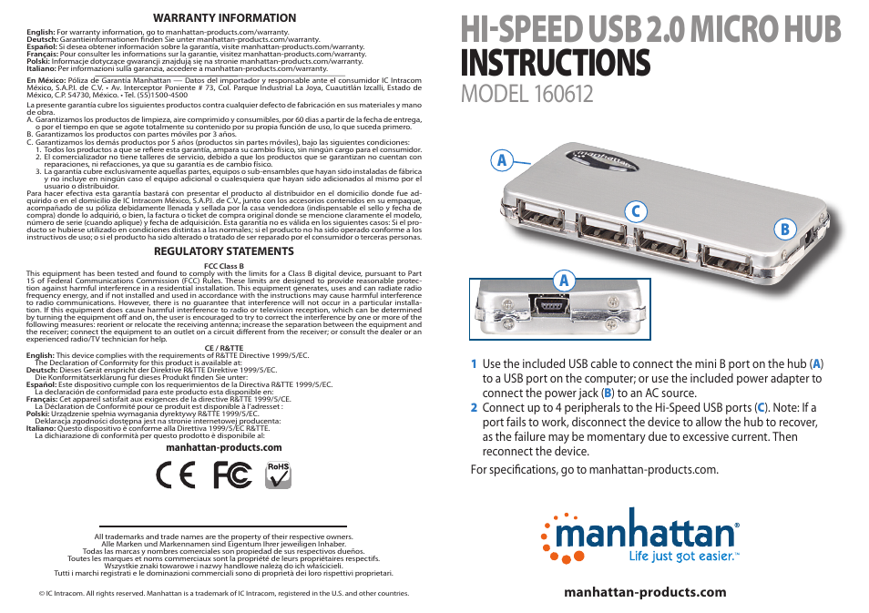 Manhattan 160612 Hi-Speed USB 2.0 Micro Hub - Quick Install (Multi) User Manual | 2 pages