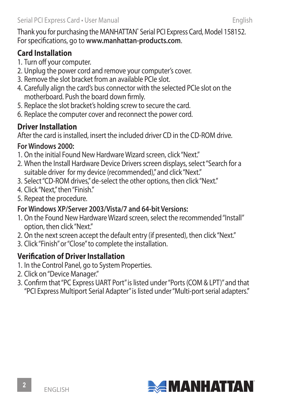 Manhattan 158152 Serial PCI Express Card - Manual (Multi) User Manual | Page 2 / 12