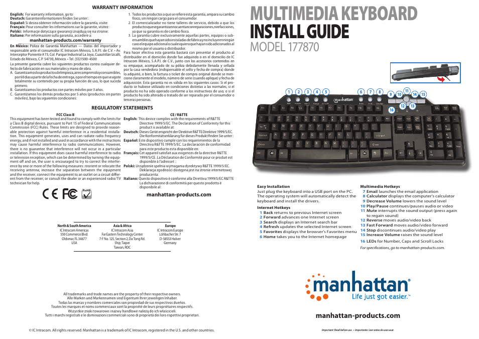 Manhattan 177870 Multimedia Keyboard - Quick Install (Multi) User Manual | 2 pages