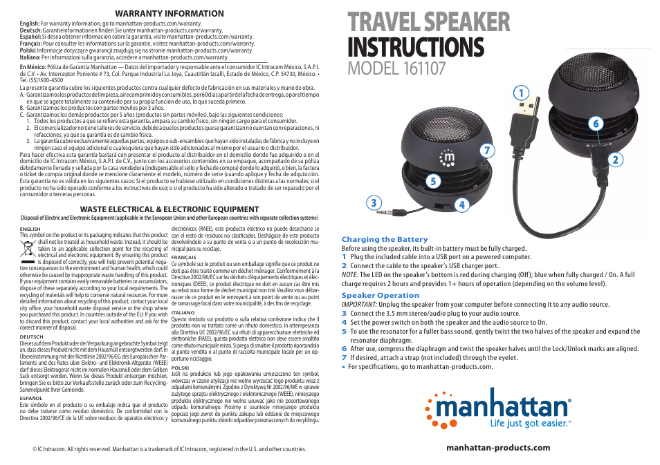 Manhattan 161107 Travel Speaker - Quick Install (Multi) User Manual | 2 pages