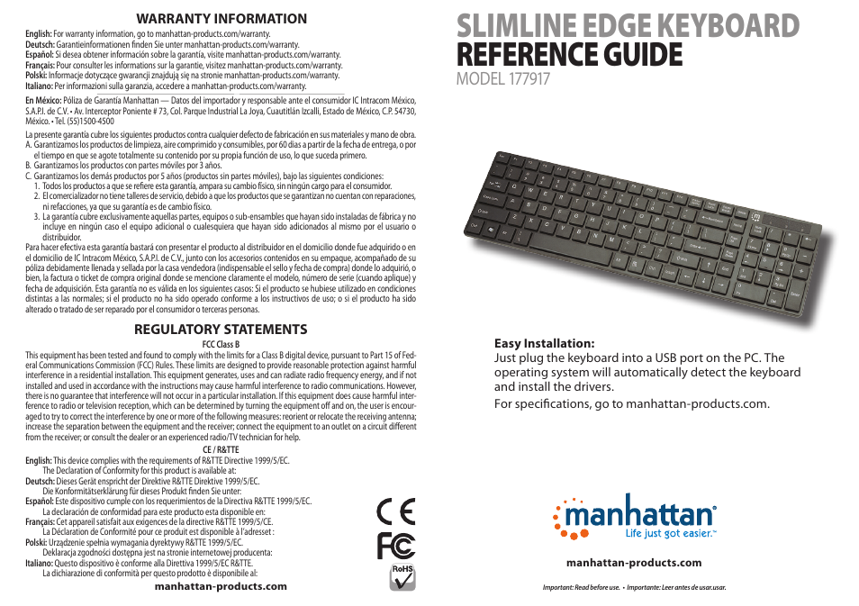 Manhattan 177917 Slimline Edge Keyboard - Quick Install (Multi) User Manual | 2 pages