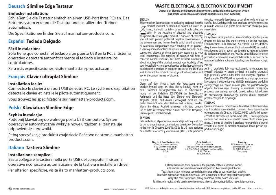 Español teclado delgado, Français clavier ultraplat slimline, Deutsch slimline edge tastatur | Polski klawiatura slimline edge, Italiano tastiera slimline, Waste electrical & electronic equipment | Manhattan 177917 Slimline Edge Keyboard - Quick Install (Multi) User Manual | Page 2 / 2