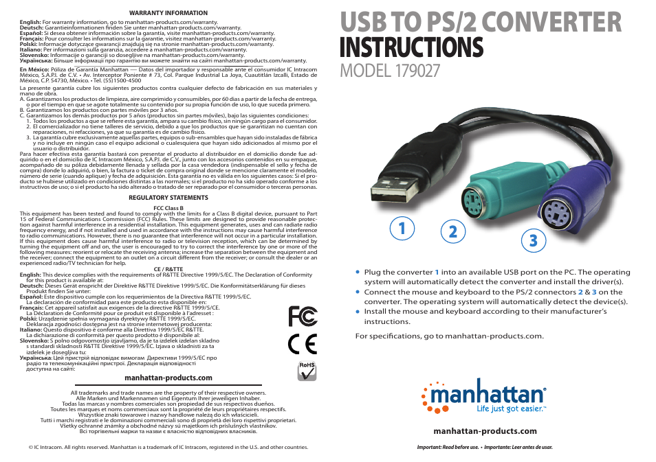 Manhattan 179027 USB to PS_2 Converter - Quick Install (Multi) User Manual | 2 pages