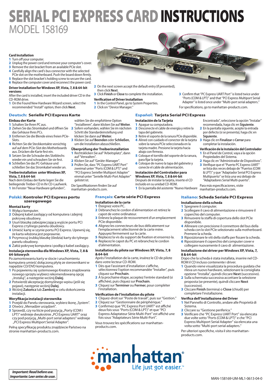 Manhattan 158169 Serial PCI Express Card - Quick Install (Multi) User Manual | 2 pages