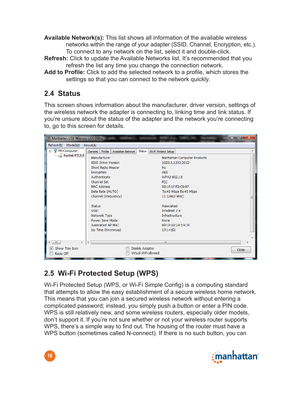 4 status, 5 wi-fi protected setup (wps) | Manhattan 525534 Range+ 300N Adapter - Quick Install (Multi) User Manual | Page 16 / 26