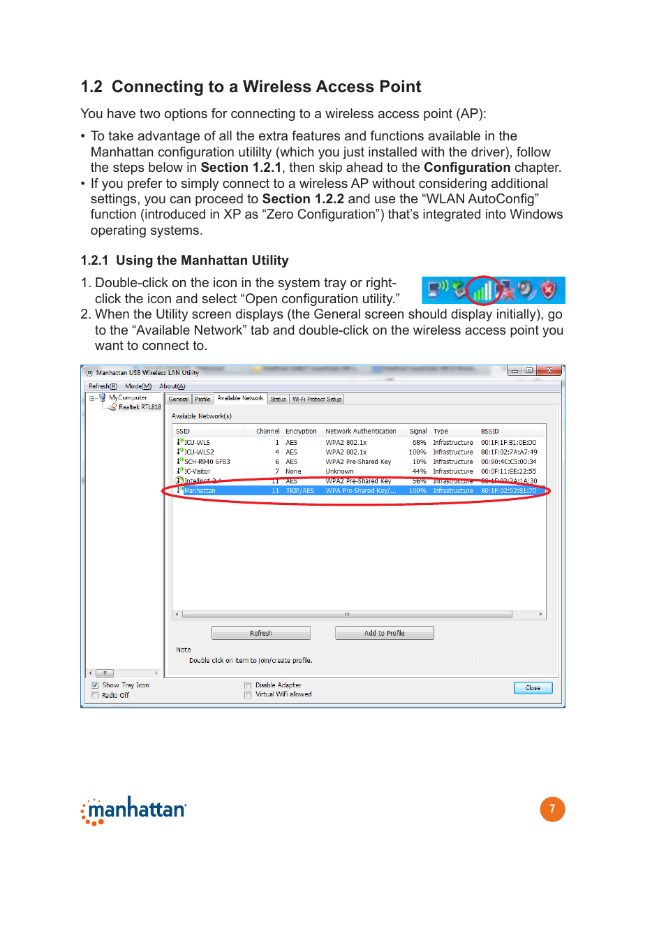 2 connecting to a wireless access point | Manhattan 525534 Range+ 300N Adapter - Quick Install (Multi) User Manual | Page 7 / 26