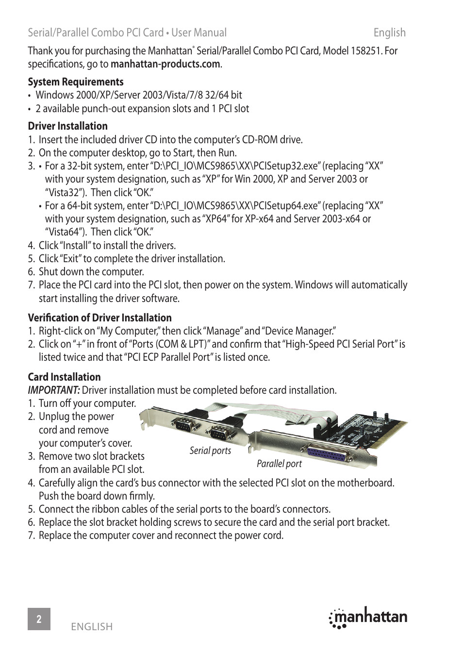 Manhattan 158251 Serial_Parallel Combo PCI Card - Manual (Multi) User Manual | Page 2 / 12