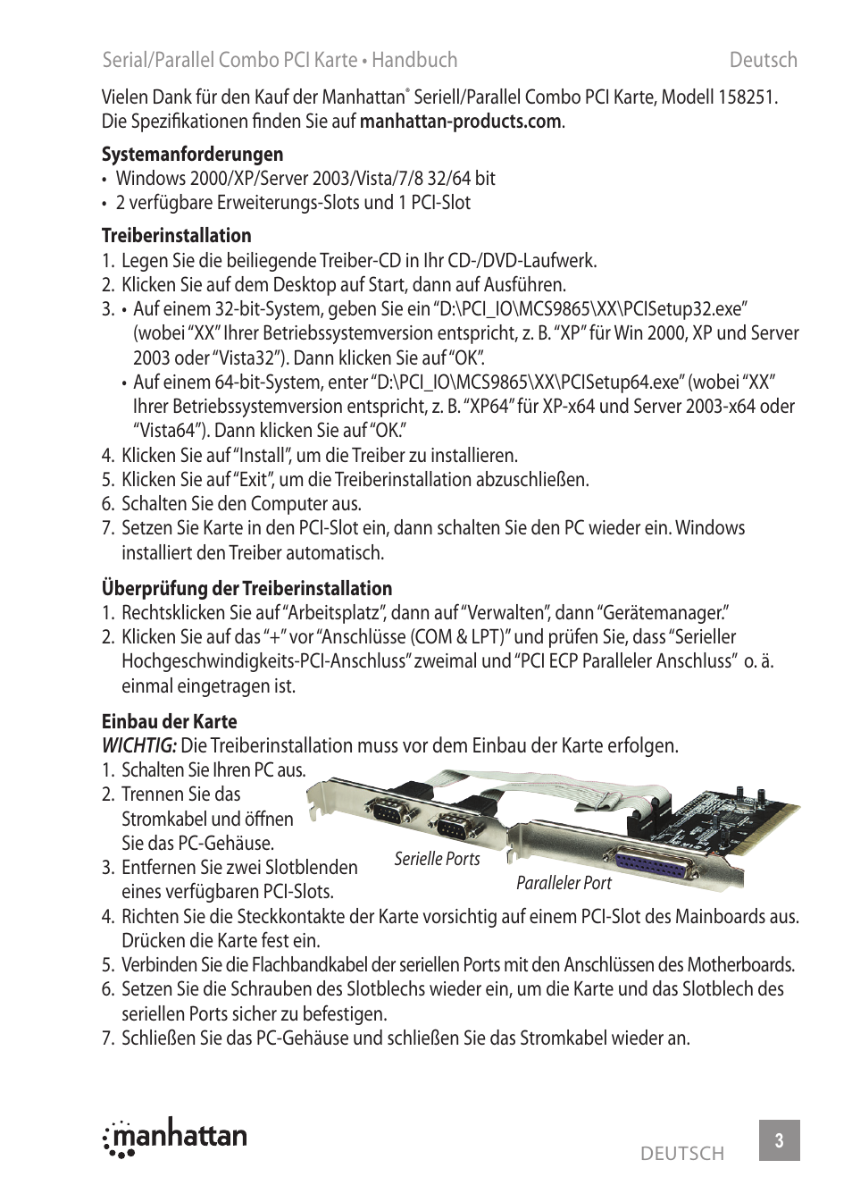 Manhattan 158251 Serial_Parallel Combo PCI Card - Manual (Multi) User Manual | Page 3 / 12