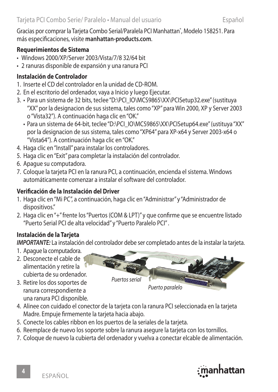 Manhattan 158251 Serial_Parallel Combo PCI Card - Manual (Multi) User Manual | Page 4 / 12