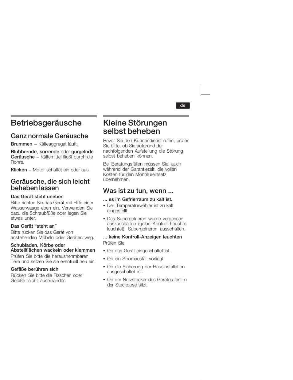 Betriebsgeräusche, Kleine störungen selbst beheben, Ganz normale geräusche | Geräusche, die sich leicht beheben lassen, Was ist zu tun, wenn | Siemens GU 15 DA 55 User Manual | Page 13 / 65